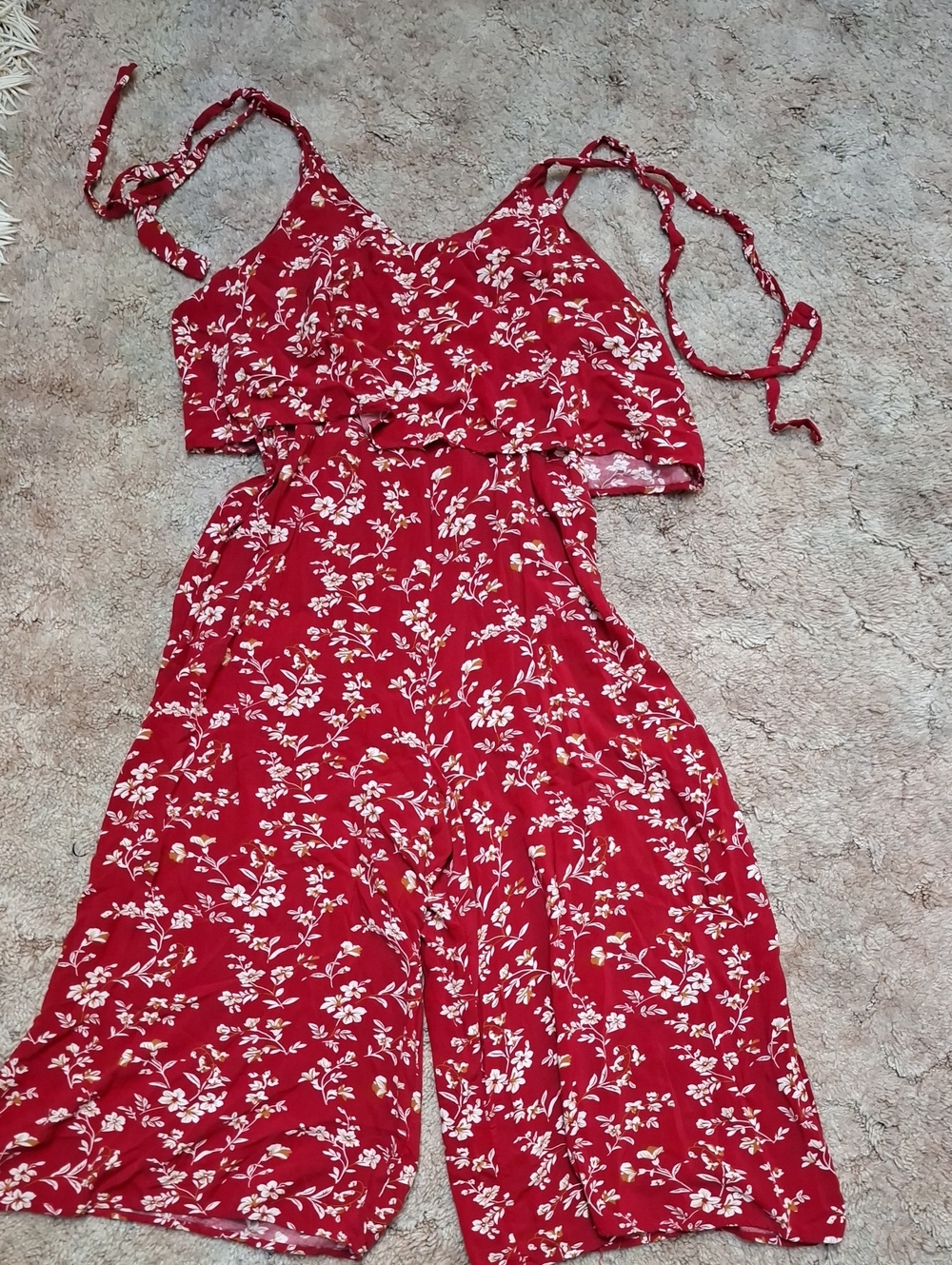 Women's Red Floral Jumpsuit with Tie Straps